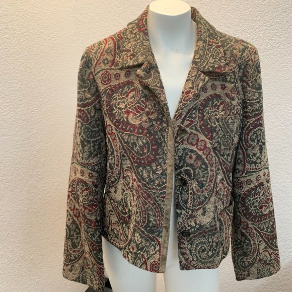 Harve Benard vintage tapestry jacket size 14P green red tan very good condition - Picture 7 of 13